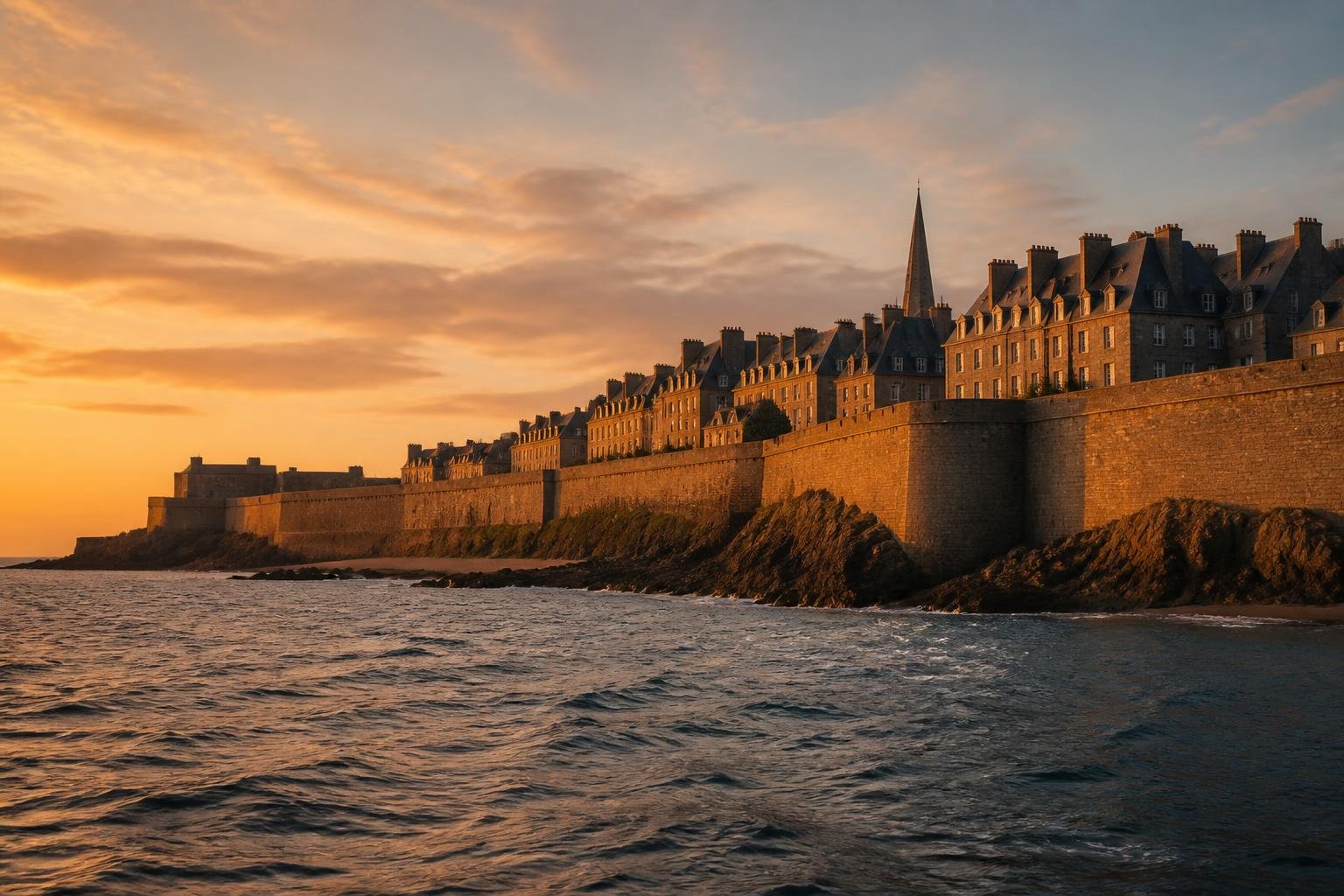 Les remparts de Saint-Malo illuminés par le coucher de soleil