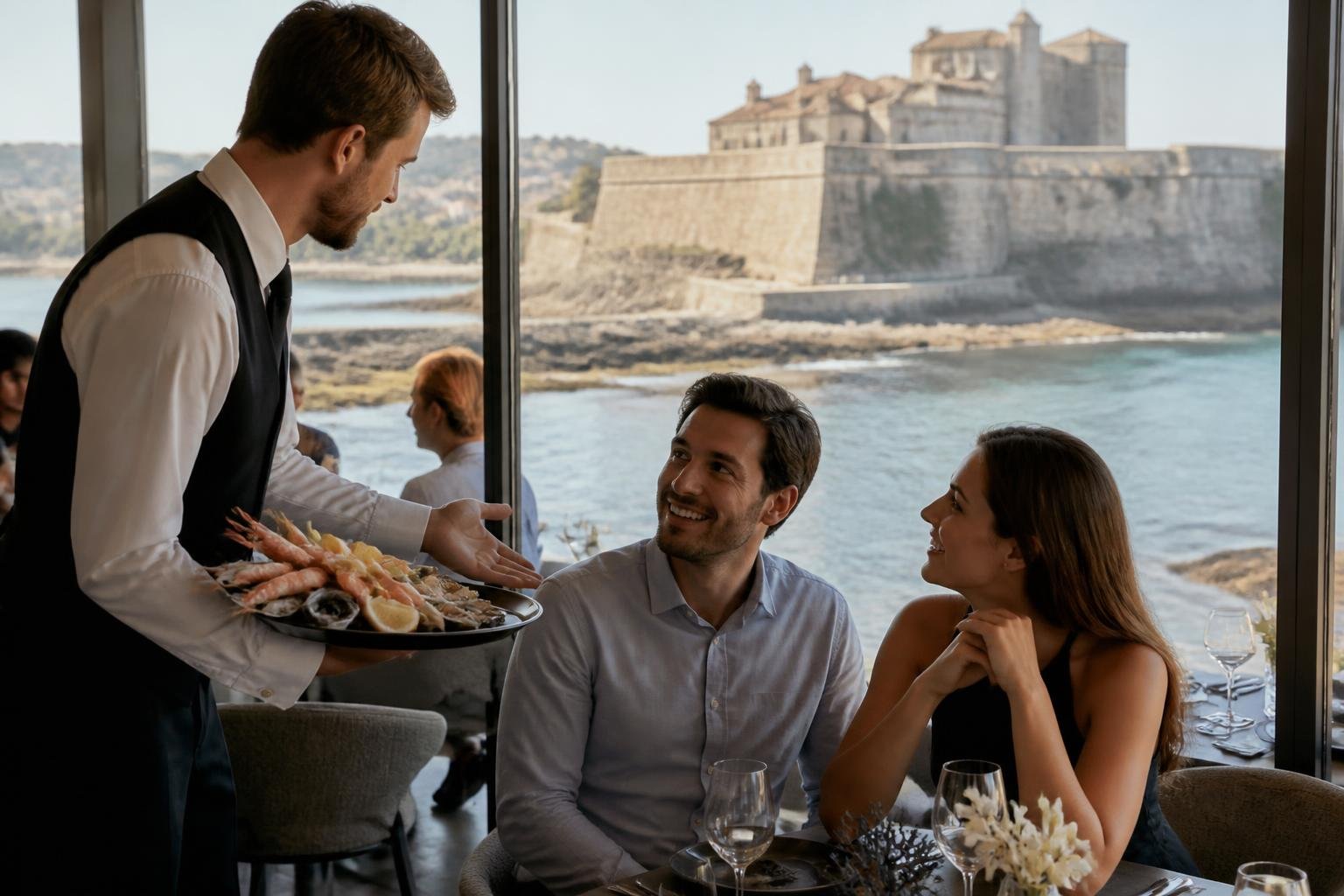 Accueil chaleureux dans la salle du restaurant avec vue sur les remparts