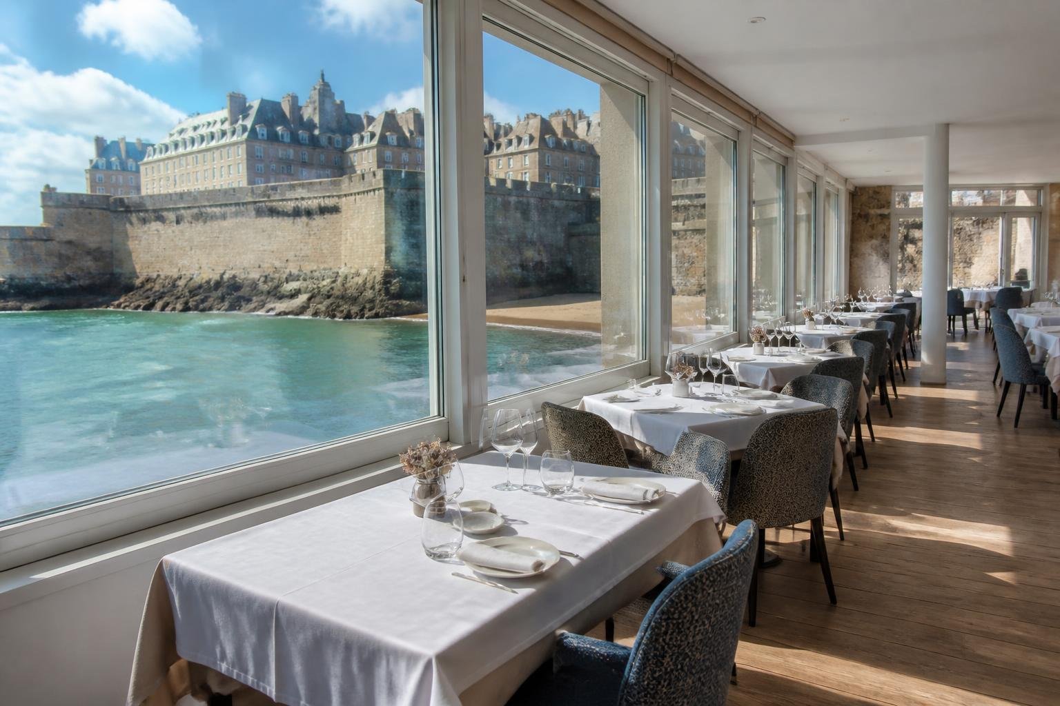 Salle du restaurant L'Écume Bleue avec vue sur les remparts de Saint-Malo