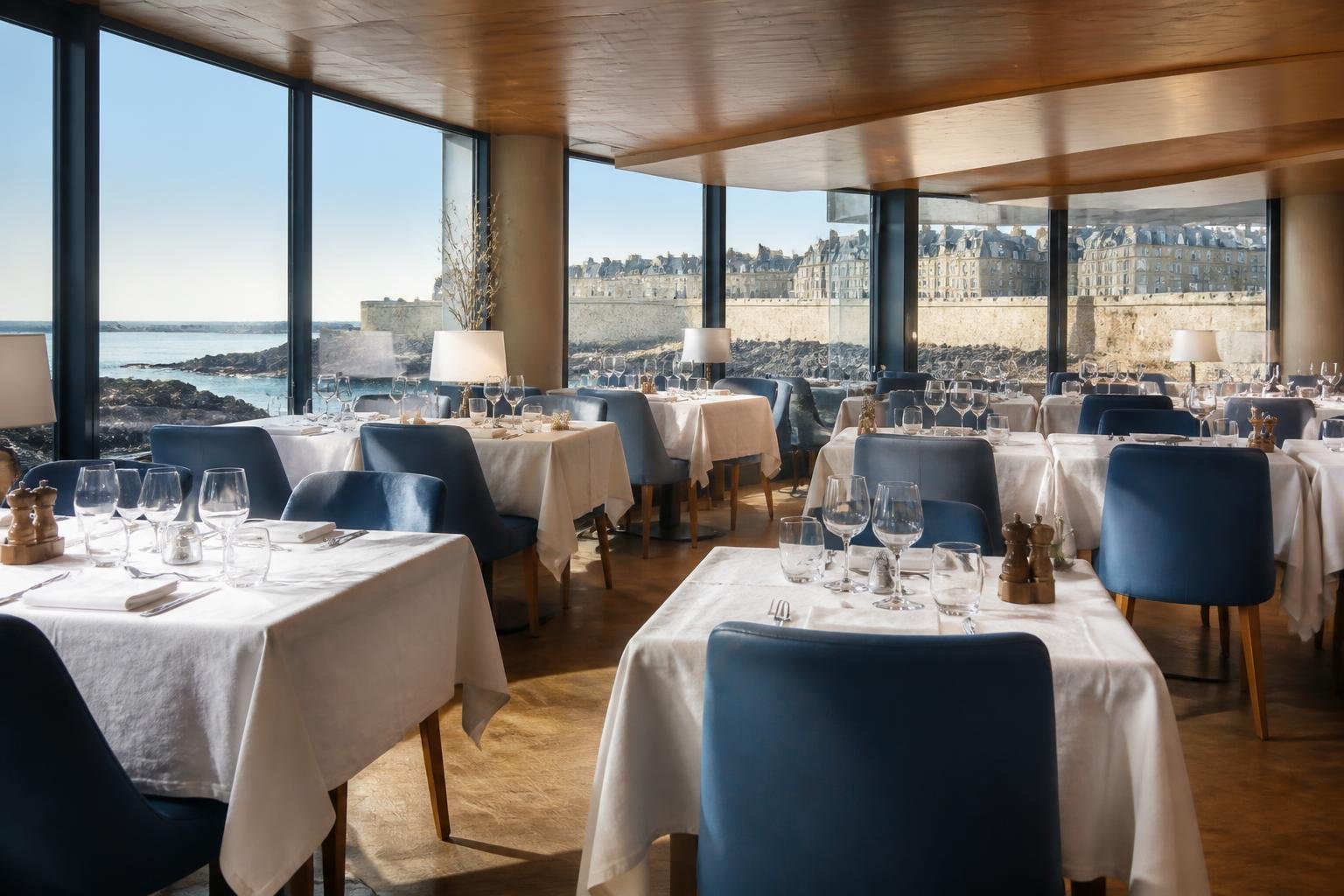 Salle du restaurant L'Écume Bleue avec vue sur les remparts de Saint-Malo